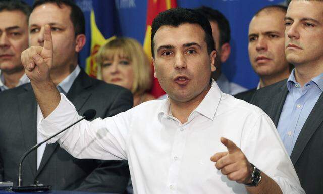 Macedonia´s chief opposition leader Zaev speaks to the media during a news conference in Skopje