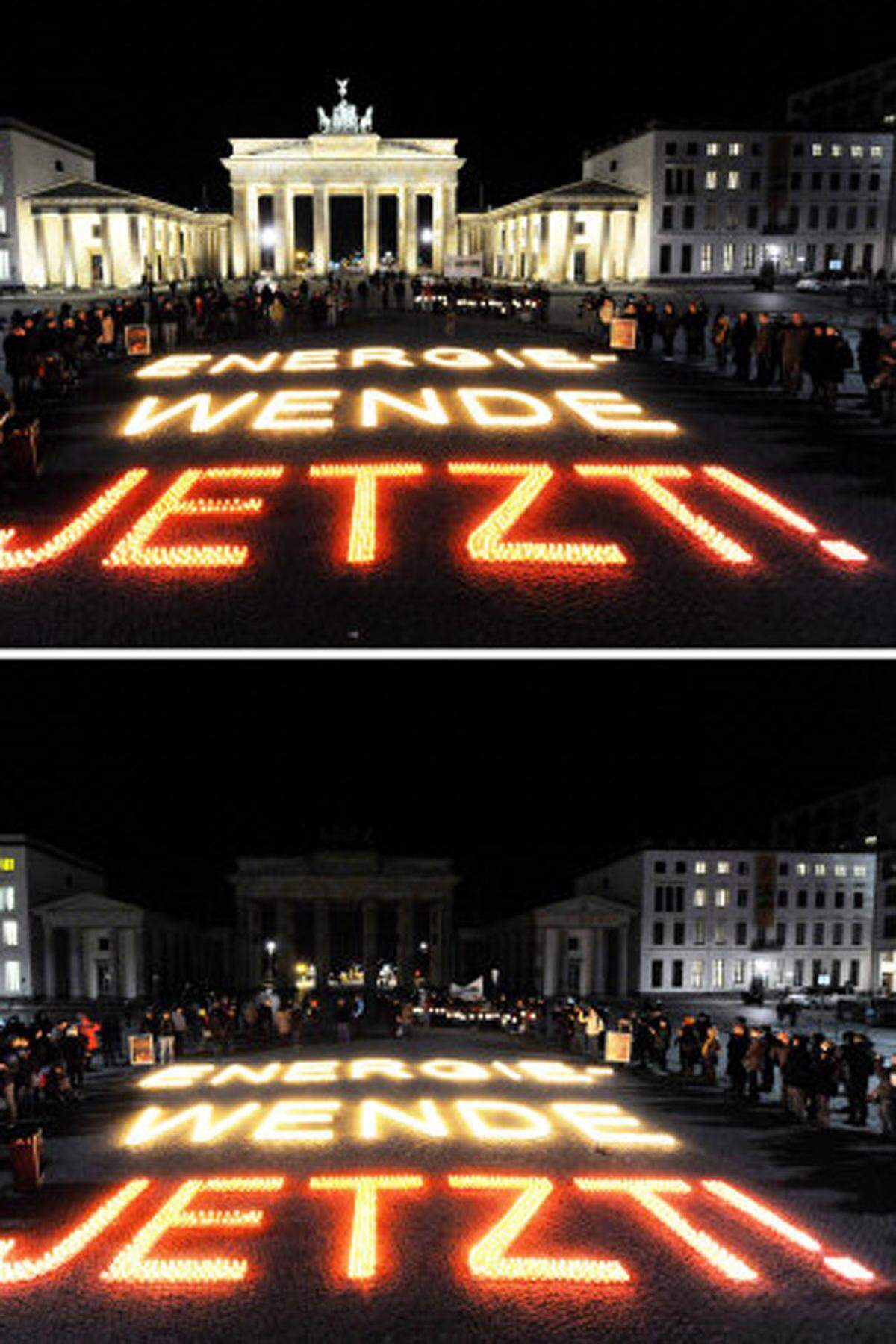 "Energiewende jetzt", lautet die mit Kerzen verkündete Botschaft vor dem Brandenburger Tor.