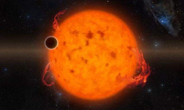 So wie den dunklen Punkt links stellt man sich einen Exoplaneten vor, K2-33. Sehen kann man ihn nicht, ein Nasa-Zeichner half aus.
