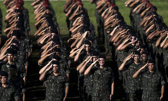 Brazilian Army soldiers stand at attention during a ceremony to mark their graduation from training on how to combat the Aedes aegypti mosquito in Rio de Janeiro 