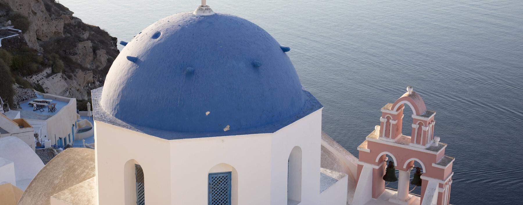 Blue domed church in Santorini Cyclades Greek Islands Greece Europe PUBLICATIONxINxGERxSUIxAUTxO