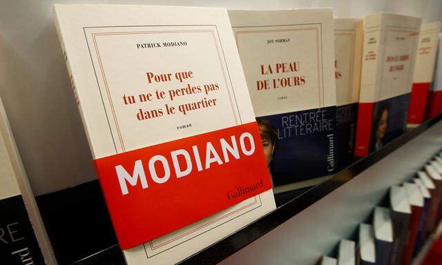 Books by Nobel prize winner Patrick Modiano are displayed at the book fair in Frankfurt
