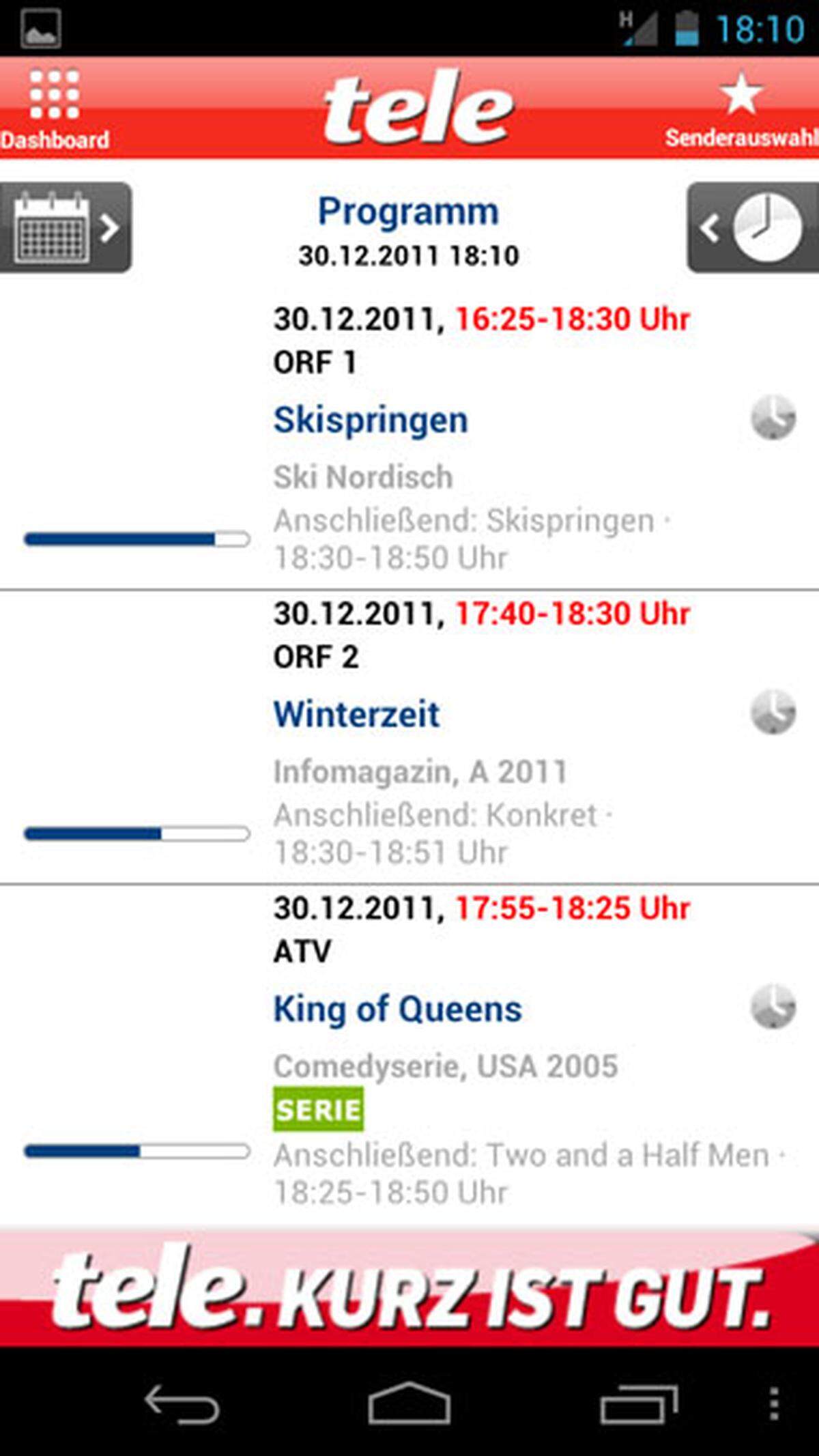 Das bekannte Fernseh-Magazin, bietet für Android eine Programmübersicht, die automatisch für die aktuelle Uhrzeit angezeigt wird. Mit einem Klick kann auf 20.15 Uhr umgestellt oder eine beliebige andere Uhrzeit eingestellt werden.
