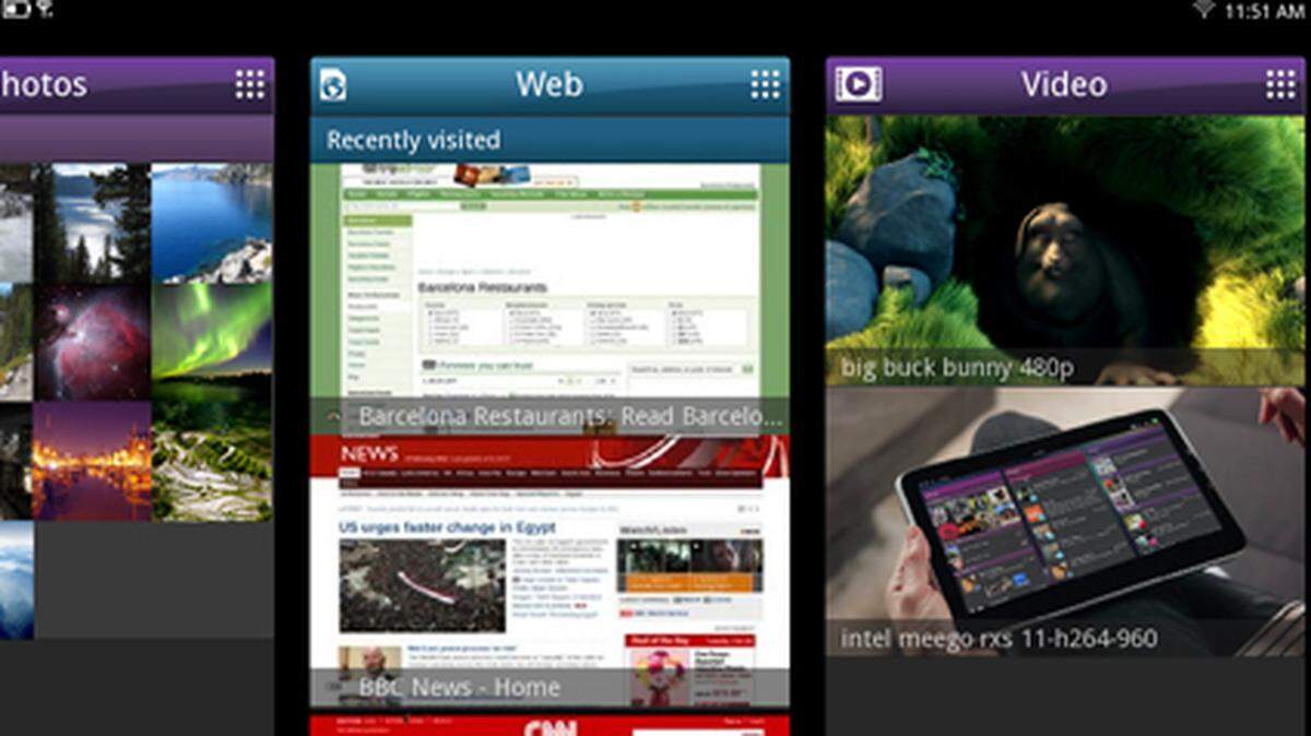 Intel hat auf dem Mobile World Congress in Barcelona eine eigene Tablet-Version des Smartphone-Systems MeeGo vorgestellt (Mehr dazu). Im Bild: Die Nutzeroberfläche zeigt verschiedene Panels.