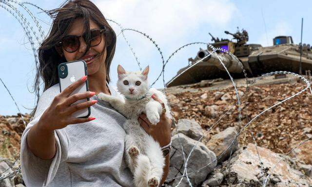 Selfie mit Katze vor der mit Panzern gesicherten Grenze zwischen Israel und dem Libanon