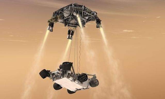 Artist's drawing of landing of MSL Curiousity rover on Mars