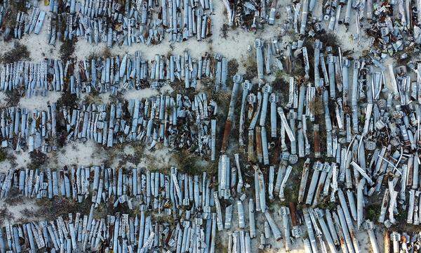 View shows remains of MLRS shells used by Russian troops for military strikes, in Kharkiv