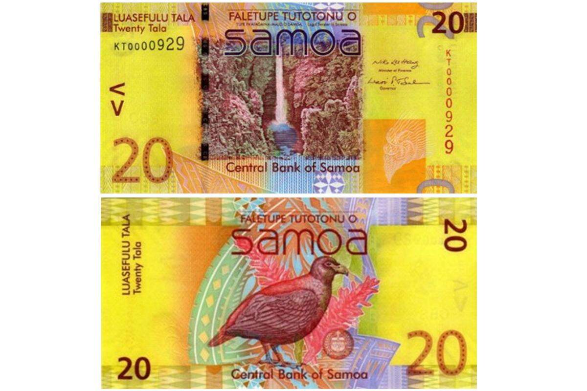 Sehr farbenfroh kommt dieser Schein aus dem kleinen Inselstaat Samoa daher. Abgebildet ist darauf unter anderem die Zahntaube, der Nationalvogel und einer der zahlreichen schönen Wasserfälle des Landes.
