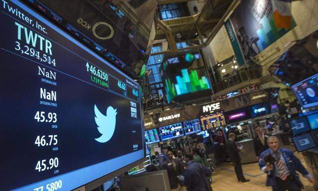 Twitter logo is displayed on the floor of the New York Stock Exchange