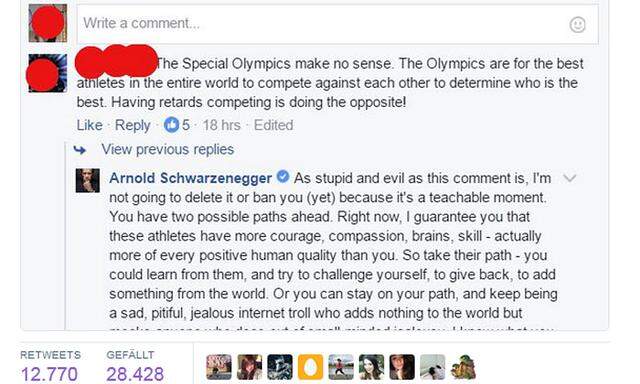 Lesenswert: Die Reaktion von Schwarzenegger auf ein Hass-Posting