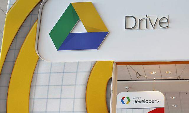 A Google Drive and Youtube logo is seen during Google I/O Conference in San Francisco