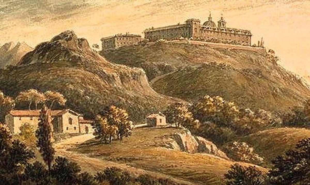 Monte Cassino in einer alten Darstellung, wohl 19. Jhdt.