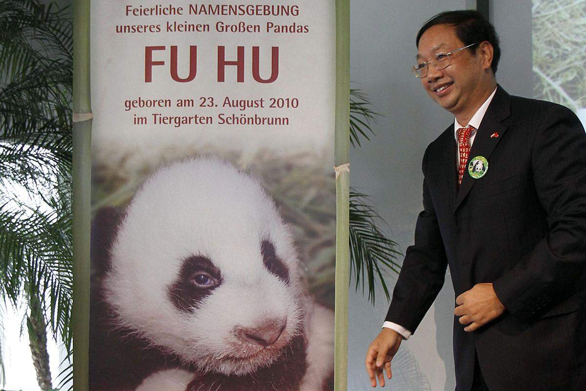 Der chinesische Botschafter, Shi Mingde, taufte das Neugeborene auf den Namen Fu Hu ("glücklicher Tiger"). Die Patenschaft übernahm Wirtschaftsminister Reinhold Mitterlehner.