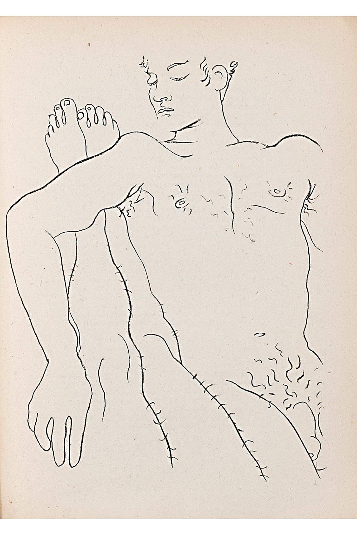 Besonders in den Werken nach 1945 tritt die Wirkung von Nacktheit immer stärker in den Vordergrund, was zartbesaitete Besucher (oder Kinder) durchaus verstören könnte. Jean Cocteau, llustration zu Jean Genet, Querelle de Brest, 1947 (c) Privatsammlung (c) VBK, Wien 2012