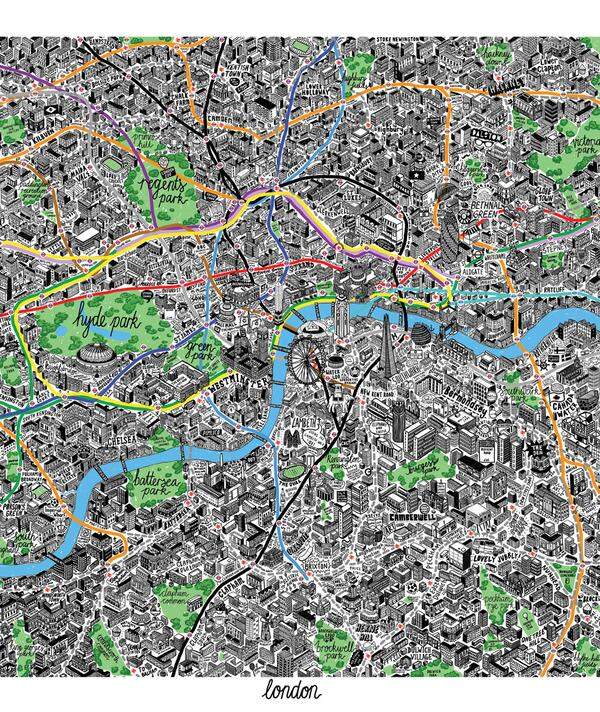 Die englische Illustratorin Jenni Sparks wollte London auch mal ein anderes Gesicht geben als jenes, das die Standardtouristenpläne zeigen: mit dieser detaillierten, handgezeichneten Karte, die man auch kaufen kann, auf www.evermade.com