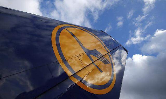 The tail of a decommissioned Lufthansa aircraft is pictured at Frankfurt airport