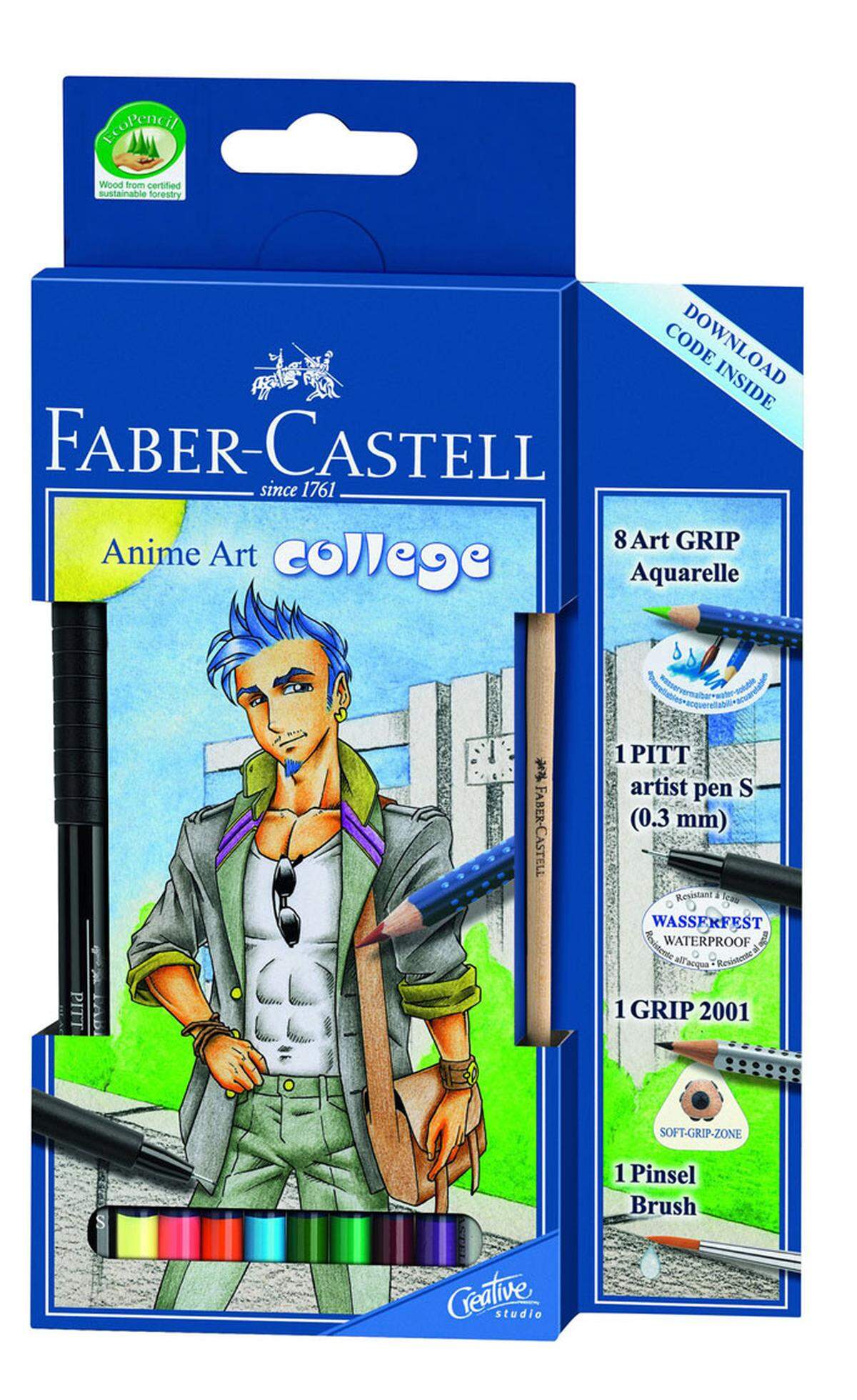 Ein Stift-und-Pinsel-Set für Comics-, pardon: Anime-Fans. Praktischerweise inklusive Zeichenanleitung, von Faber Castell.  ca. 10 Euro, im Fachhandel