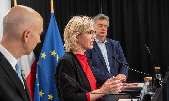 Wirtschaftsminister Martin Kocher (links, ÖVP), Energieministerin Leonore Gewessler und Vizekanzler Werner Kogler (beide Grüne).