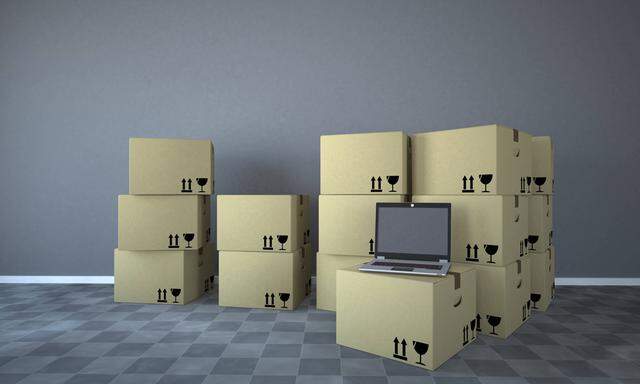 Shipping cartons with notebook in a room 3d rendering PUBLICATIONxINxGERxSUIxAUTxHUNxONLY ALF000429