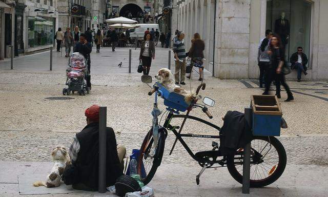 A street singer, accompanied by his dogs, rests along the shopping street Rua Augusta in downtown Lisbon