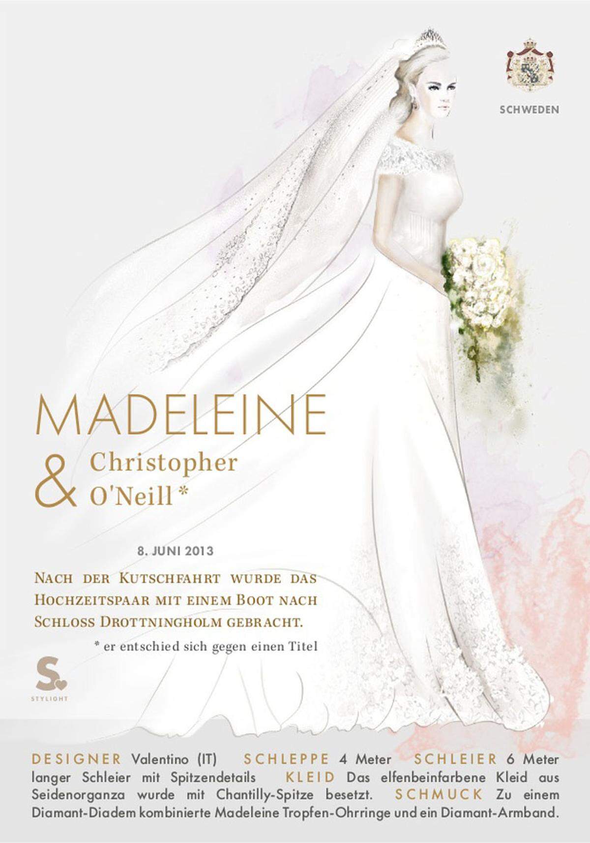 Madeleine von Schweden setzte auf italienisches Design von Valentino. Sechs Meter lang war der Schleier der Braut, vier Meter lang die Schleppe.