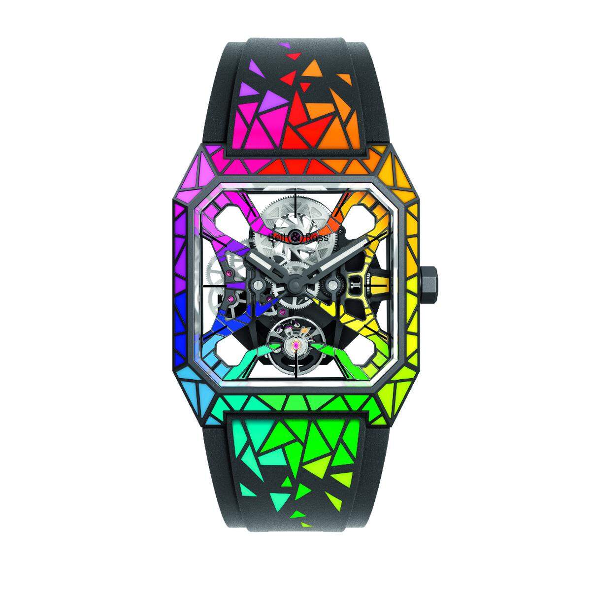 Bell & Ross „BR03 Cyber Rainbow S“. Für Only Watch lässt Bell & Ross ihre „BR 03“ in einem neuen Licht erscheinen – mit farbig lackierten Teilen, die in einem Spezialverfahren aufgetragen wurden. Das skelettierte Uhrwerk und die bunten Brücken unterstreichen das spektakuläre Erscheinungsbild.