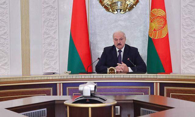 MINSK, BELARUS - MAY 19, 2020: Belarus President Alexander Lukashenko takes part in a video conference meeting of the S