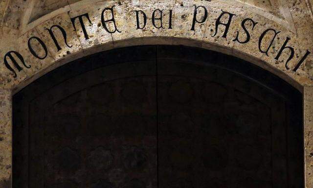 The entrance of Monte Dei Paschi bank headquarters is pictured in Siena