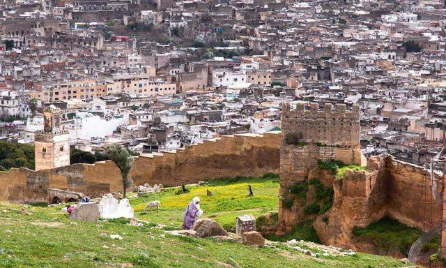 Verschachtelt. Blick von einem Park über Reste der Stadtmauer aus alawitischen Zeiten auf das Labyrinth der Medina.