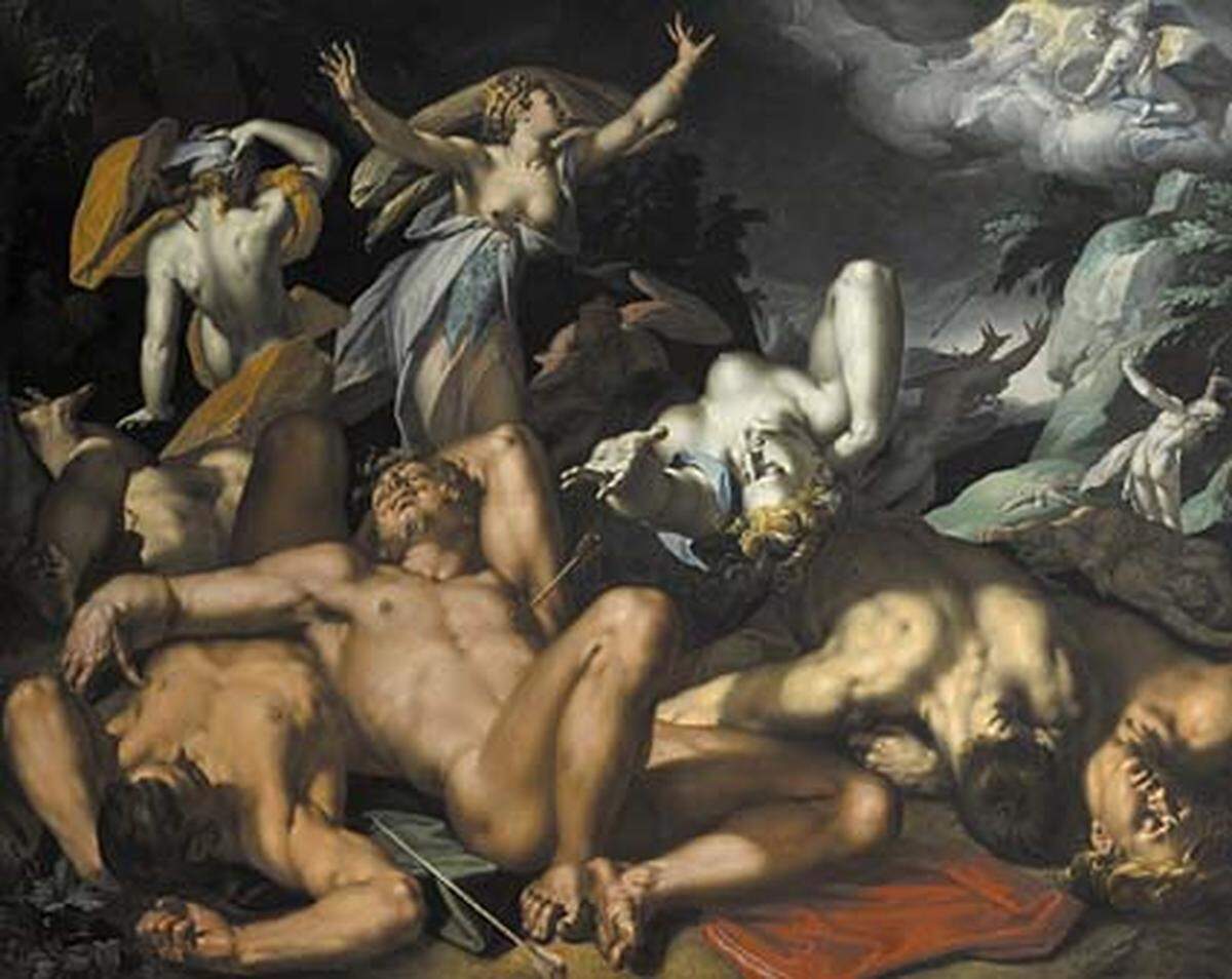 Abraham Bloemaert: "Apollo und Diana bestrafen Niobe, indem sie ihre Kinder töten", 1591