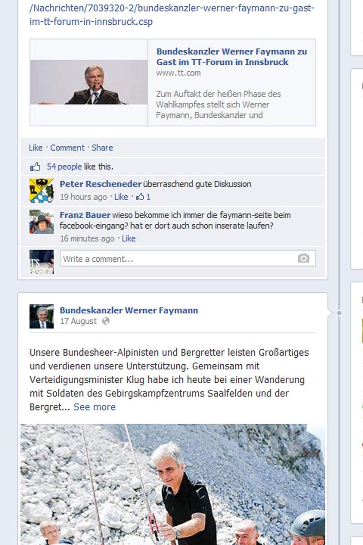Auf Facebook hat die SPÖ 15.220 Likes, Werner Faymann 8.751. Faymann postet kaum persönlich, es finden sich vor allem Termin-Hinweise auf seinem Profil. Twitter nutzt die Partei mäßig intensiv, aber immerhin 3330 Follower sind dabei. Das „Team Kanzler“ gab auf dem Kurznachrichtendienst nur ein Gastspiel, seit Ende 2011 zwitschert es nicht mehr.