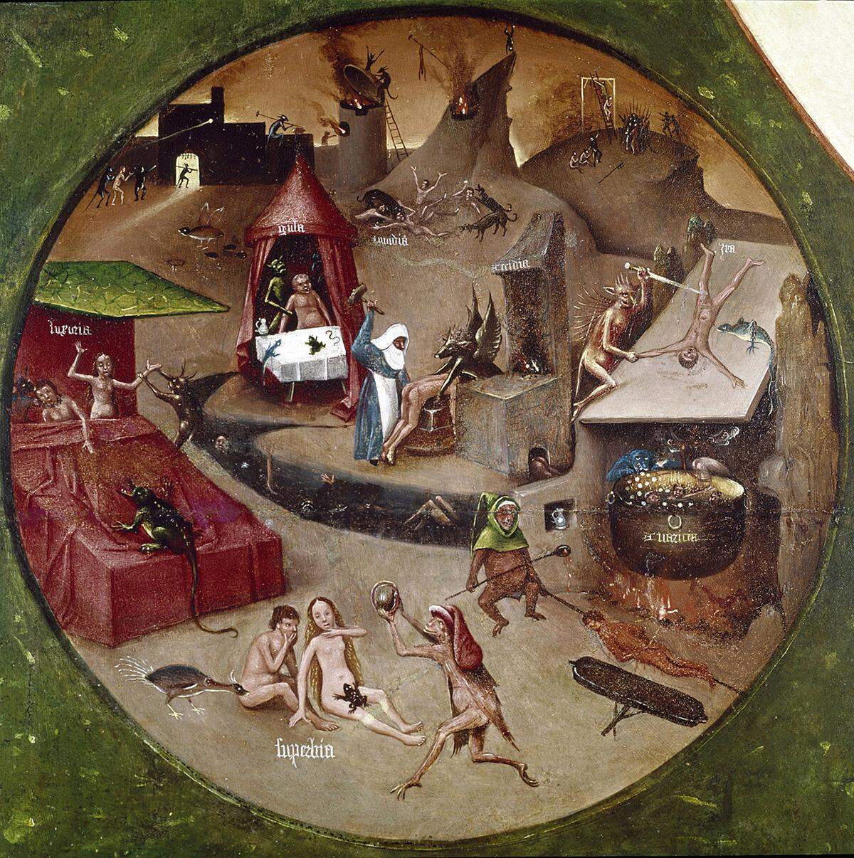 Detail aus "Die sieben Todsünden", das aus der Darstellung der sieben Todsünden und der "vier letzten Dinge" besteht, darunter - wie könnte es anders sein - auch wieder mal eine Hölle (im Bild). Die malte Bosch offenbar bevorzugt.
