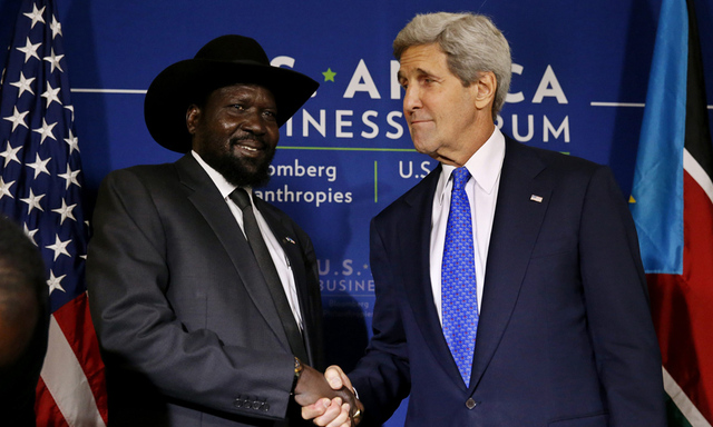 South Sudan´s President Kiir shakes hands with U.S. Secretary of State Kerry as they hold a bilateral meeting at the U.S.-Africa Business Forum in Washington