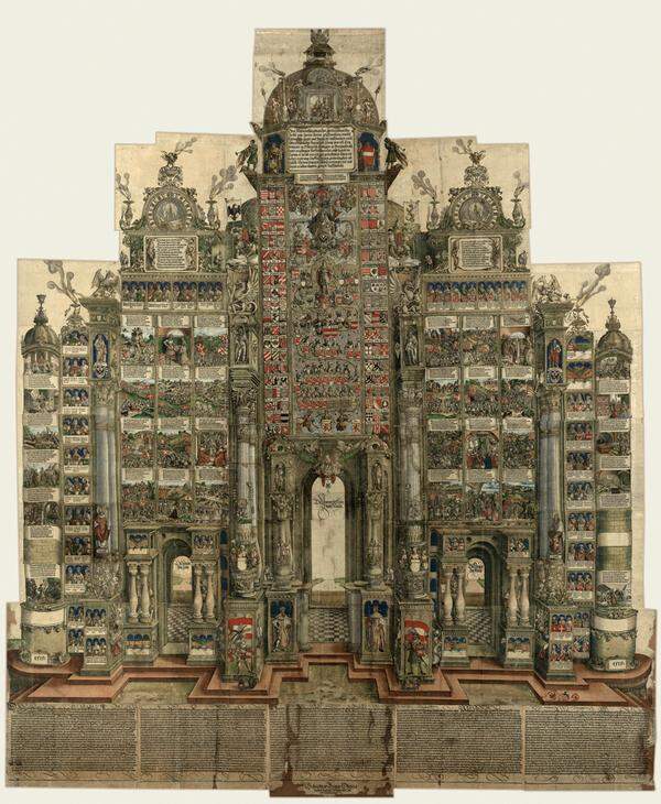 Neben dem Grabmal Maximilians in der Innsbrucker Hofkirche wie der monumentalen Ehrenpforte Dürers ist der Triumphzug das bedeutendste und umfangreichste seiner Auftragswerke. Albrecht Dürer, Raphael Hofhalter: Ehrenpforte des Kaisers Maximilian I., 3. Ausgabe 1559