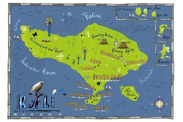 Illustratoren helfen beim Träumen: Wie auch Tom Eigenhufe aus Berlin. In diesem Fall zeichnete er sein Bild von Bali für die Zeitschrift „Brigitte“. Mehr von der illustrativen Kartografie gibt’s auf www.eigenhufe.de