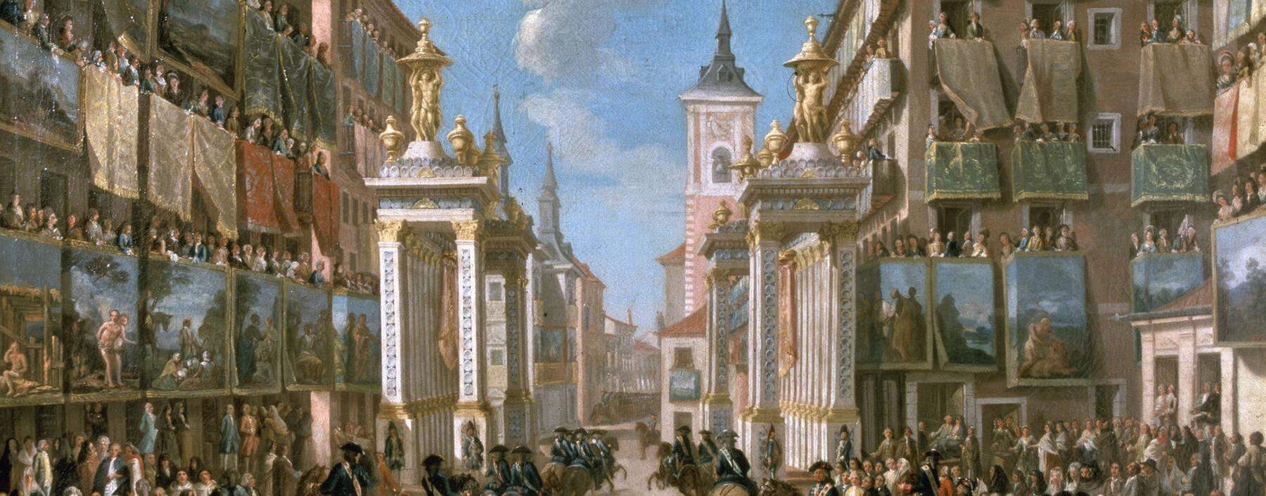 Das festlich geschmückte Madrid empfängt 1760 seinen König Karl III., der zuvor in Neapel regierte. Gemälde von Lorenzo Quiros.