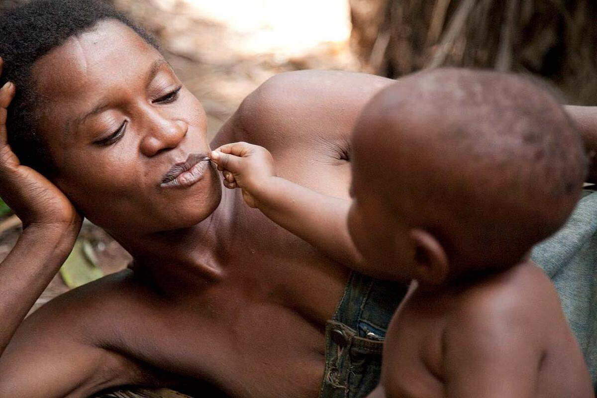 In den sumpfigen Wäldern und Flusstälern des Kongobeckens in Afrika, spielt ein Aka-Kind mit seiner Mutter. Ba'Aka-Säuglinge werden – wie viele andere indigene Kleinkinder – fast den ganzen Tag über getragen.