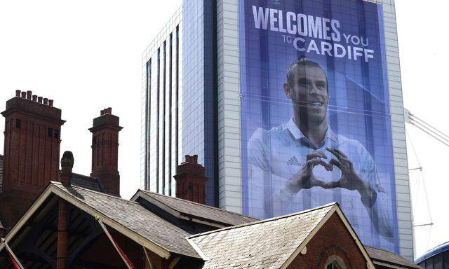 A poster of Real Madrid's Gareth Bale is displayed in Cardiff city centre