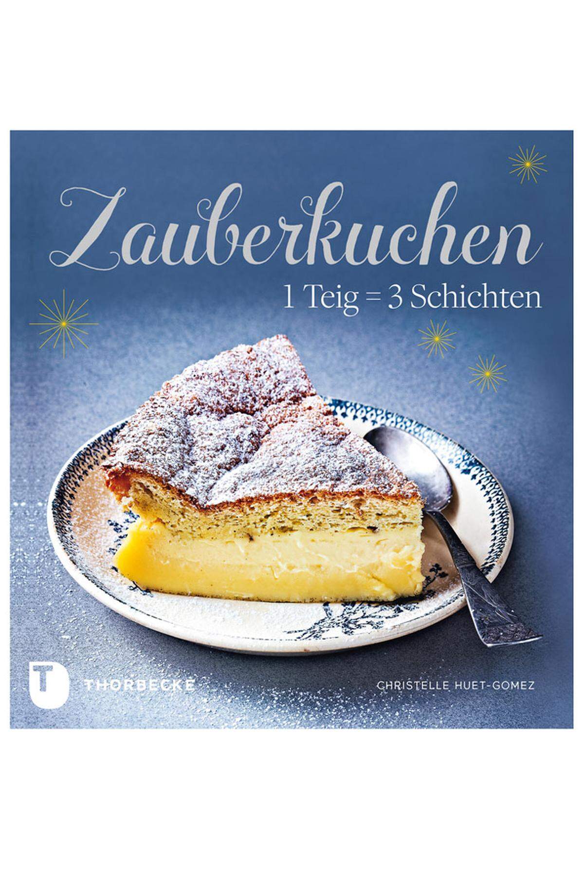 "1 Teig, 3 Schichten", sagt der Untertitel. Das Prinzip der Kuchenrezepte besteht darin, dass sehr flüssiger Teig sich von selbst in drei Massen trennt, die nach dem Backen Schichten unterschiedlicher Konsistenz ergeben: festen Pudding, darauf Creme, darauf Biskuit.  "Zauberkuchen", Thorbecke, 10,30 Euro.