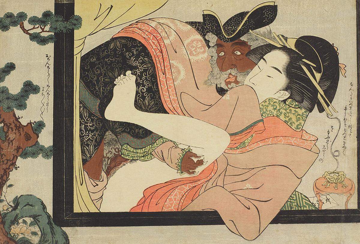 Bei Shunga geht vorwiegend um den Akt, um Männer mit Frauen (ihrer aufwendigen Aufmachung nach vor allem mit Damen der abgezäunten Vergnügungsviertel). Oder um Männer mit Männern. Oder um Frauen mit Frauen. Oder um Tiere mit Tieren. Da war man nicht so streng. Sodomie und Sadomaso dagegen wurden auffällig ausgespart. Chokyosai Eiri (tätig: 1789–1801), Eine Kurtisane mit einem Holländer, vor 1801. Drittes Blatt aus dem Album Fumi no kiyogaki [Sauberer Entwurf eines Liebesbriefs]. Farbholzschnitt