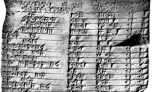 Plimpton 322: Eine Tabelle mit vier Spalten und 15 Zeilen gefüllt mit den babylonischen Zahlenzeichen ihrer Keilschrift.