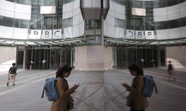 The main entrance to the BBC headquarters and studios in Portland Place, London.