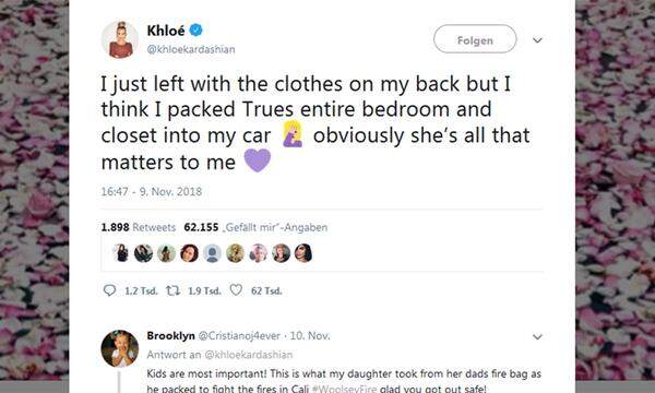 Auch ihre Schwester Khloé Kardashian schreibt auf Twitter, dass sie sich und ihre sechs Monate alte Tochter True in Sicherheit gebracht habe.