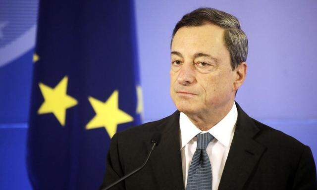 European Central Bank President Draghi speaks during the Euro Star handover ceremony in Vilnius