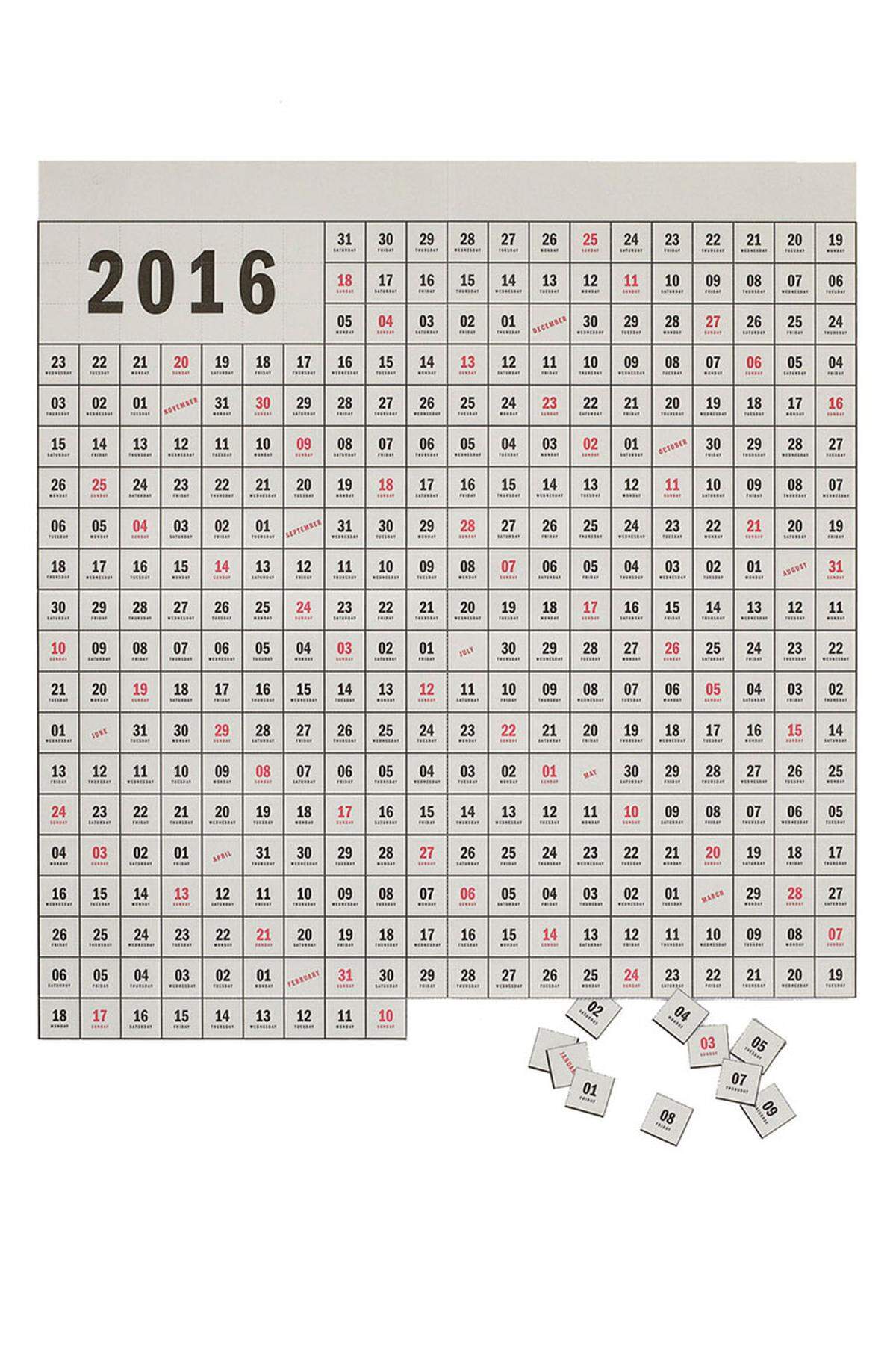 Der perforierte Kalender von Hay zeigt das Jahr rückwärts an. Verstrichene Tage landen im Mist. 
