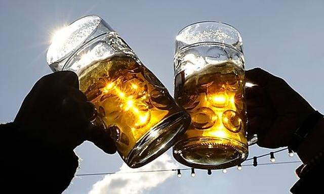 Visitors toast each other on a sunny day during Oktoberfest in Munich