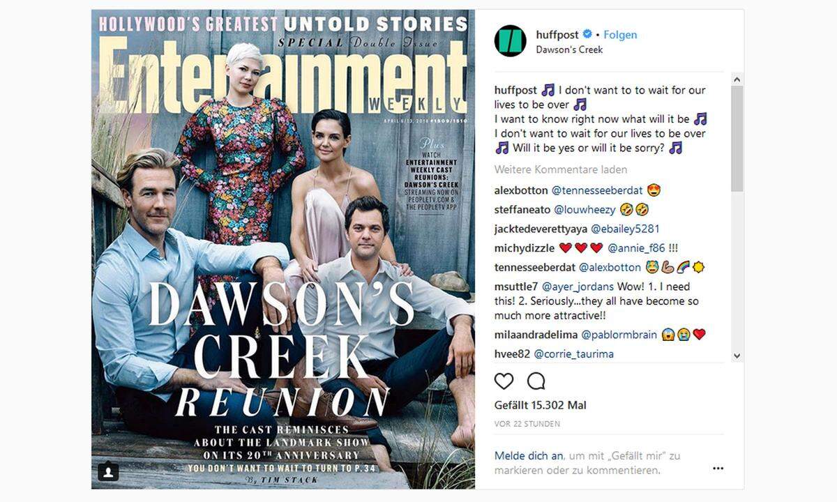 Dawson (James van der Beek), Joey (Katie Holmes), Jen (Michelle Williams) und Pacey (Joshua Jackson) kamen im Rahmen eines "Entertainment Weekly"-Covershootings wieder zusammen.