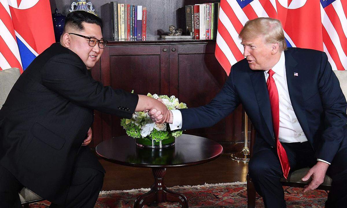 Wenig später zelebrieren Trump und Kim noch einen weiteren Händedruck in der Bibliothek des Fünf-Stern-Hotels, in die sich die beiden nur mit einem Übersetzer und einer Übersetzerin zu einem persönlichen Gespräch zurückzogen. "Wir werden eine großartige Beziehung haben, daran habe ich keine Zweifel", betonte Trump an der Seite Kims. Der nordkoreanische Machthaber sagte seinerseits, der Weg zu diesem Treffen sei "nicht leicht" gewesen.