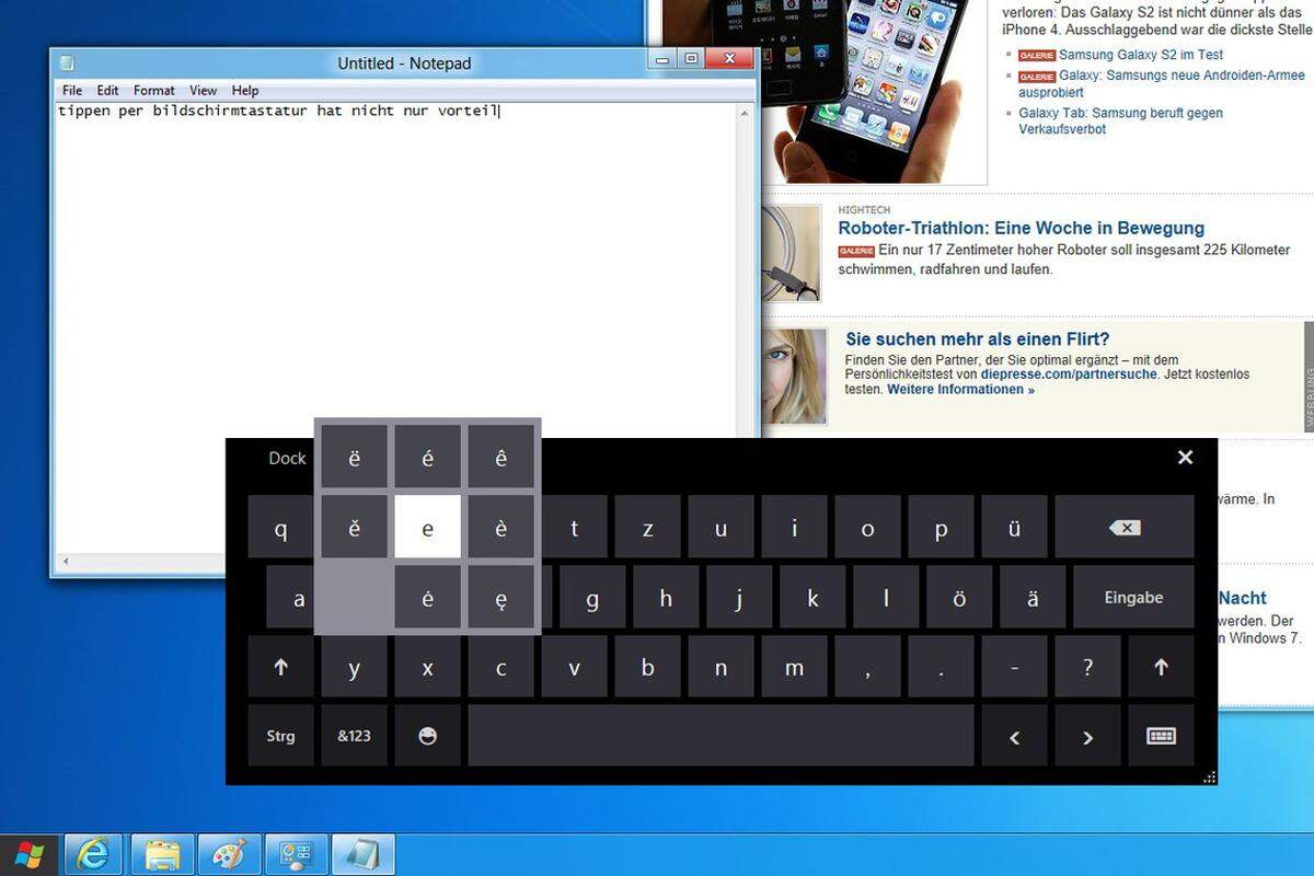 Auch unter der Desktop-Oberfläche lässt sich die Bildschirmtastatur aufrufen. Allerdings wird man in dieser Ansicht ohnehin meist Maus und Keyboard verwenden.