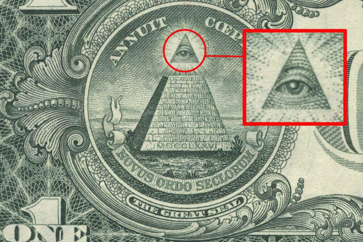 Heftig spekuliert wird über die unvollendete Pyramide mit dem Auge der Vorsehung. Das Auge ist tatsächlich auch ein Symbol der Freimaurer, wird aber häufig angewendet und meist als "allsehendes Auge Gottes" interpretiert. Die unvollendete Pyramide ist als Freimaurer-Symbol nicht bekannt. Sie soll ein Zeichen dafür sein, dass die USA noch an ihrer Vollendung arbeiten.